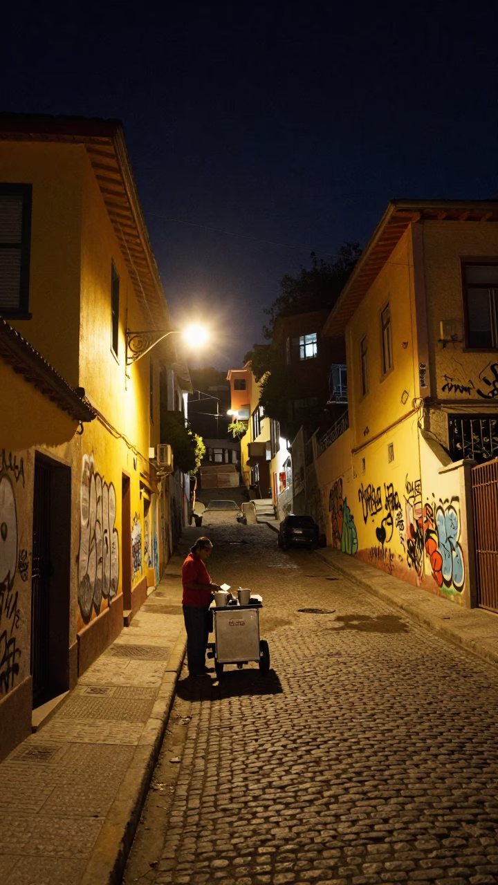 Late At Night Light on Street Corner in Valparaiso in in Valparaiso, Chile