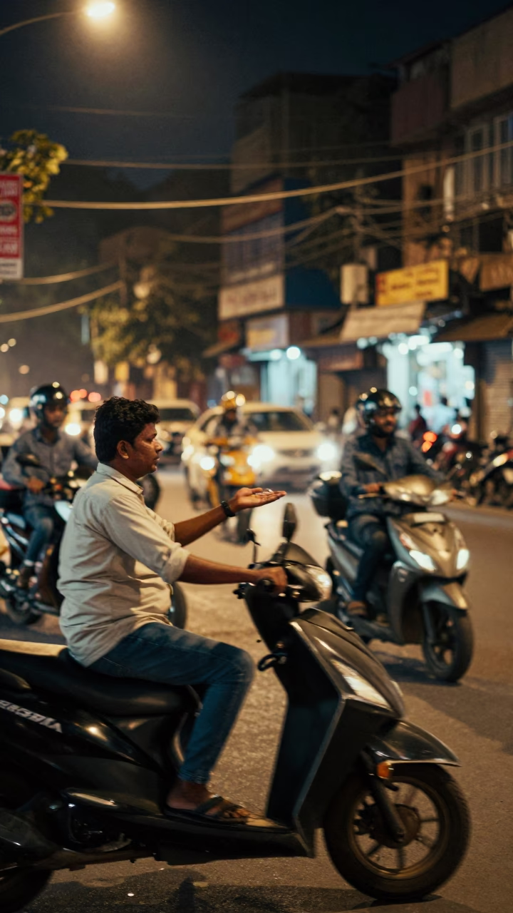 Late At Night Light on Street Scene in Delhi in in Delhi, India