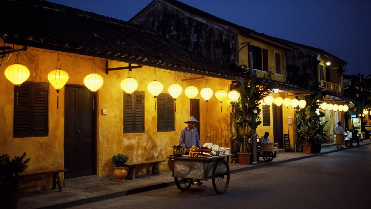 Late At Night Light on Street Scene in Hoi An in in Hoi An, Vietnam