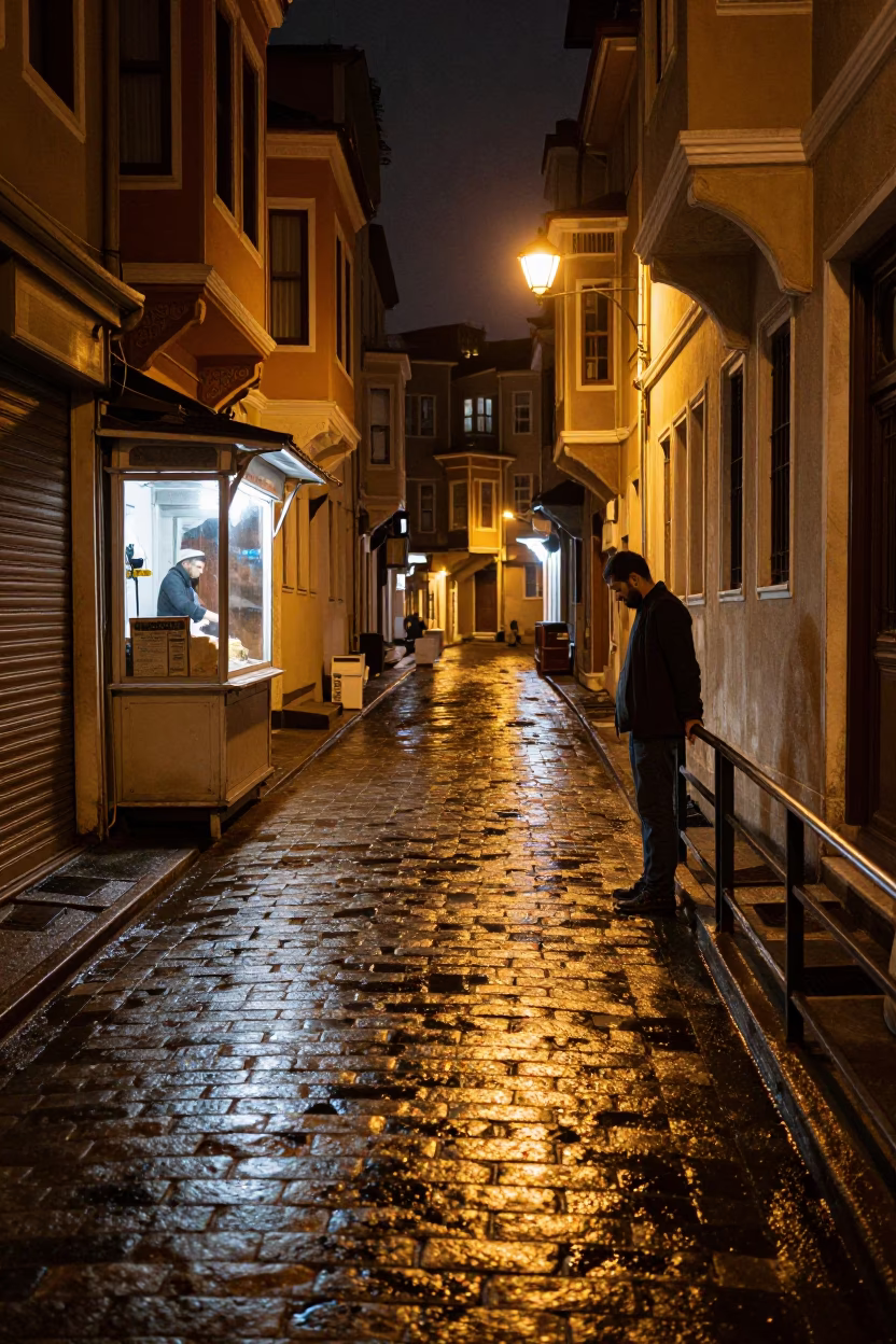 Late At Night Light on Street Scene in Istanbul in in Istanbul, Turkey