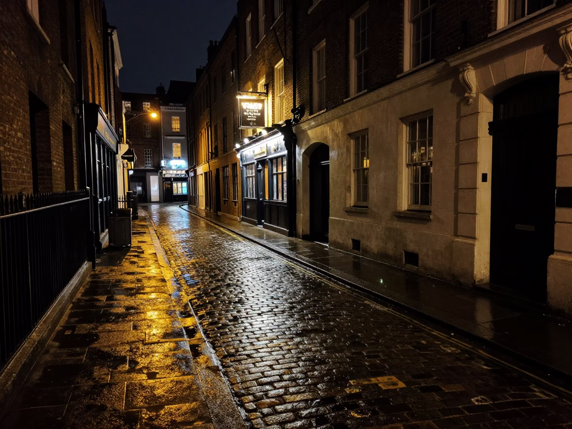 Late At Night Light on Street Scene in London in in London, United Kingdom