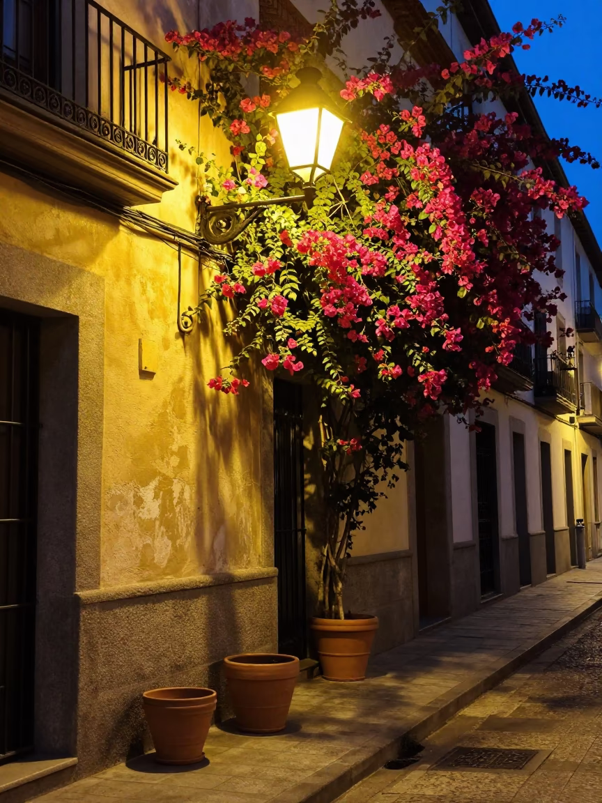 Late At Night Light on Street Scene in Madrid in in Madrid, Spain