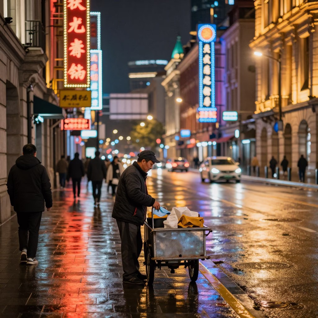 Late At Night Light on Street Scene in Shanghai in in Shanghai, China