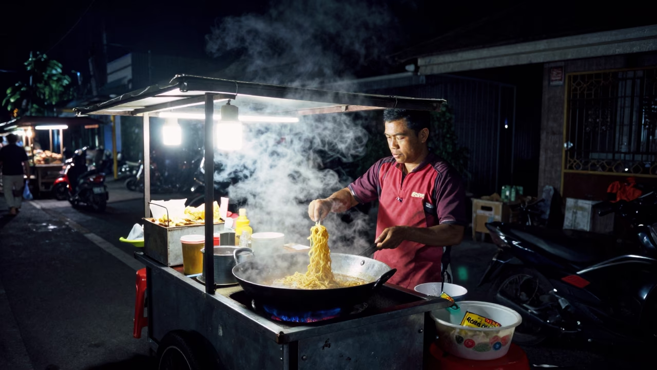 Late At Night Light on Vendor Cooking in Denpasar in in Denpasar, Indonesia