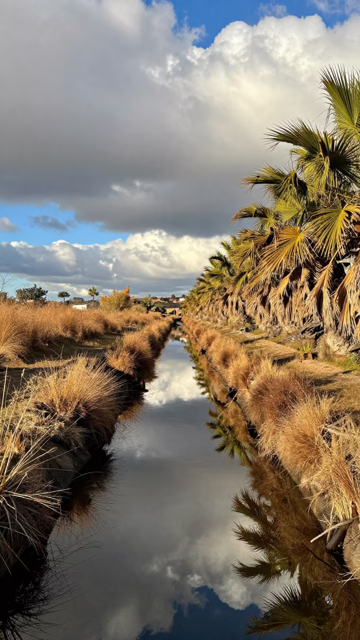 Late Autumn Canal Reflections Near Porto in across a wide valley floor near Porto