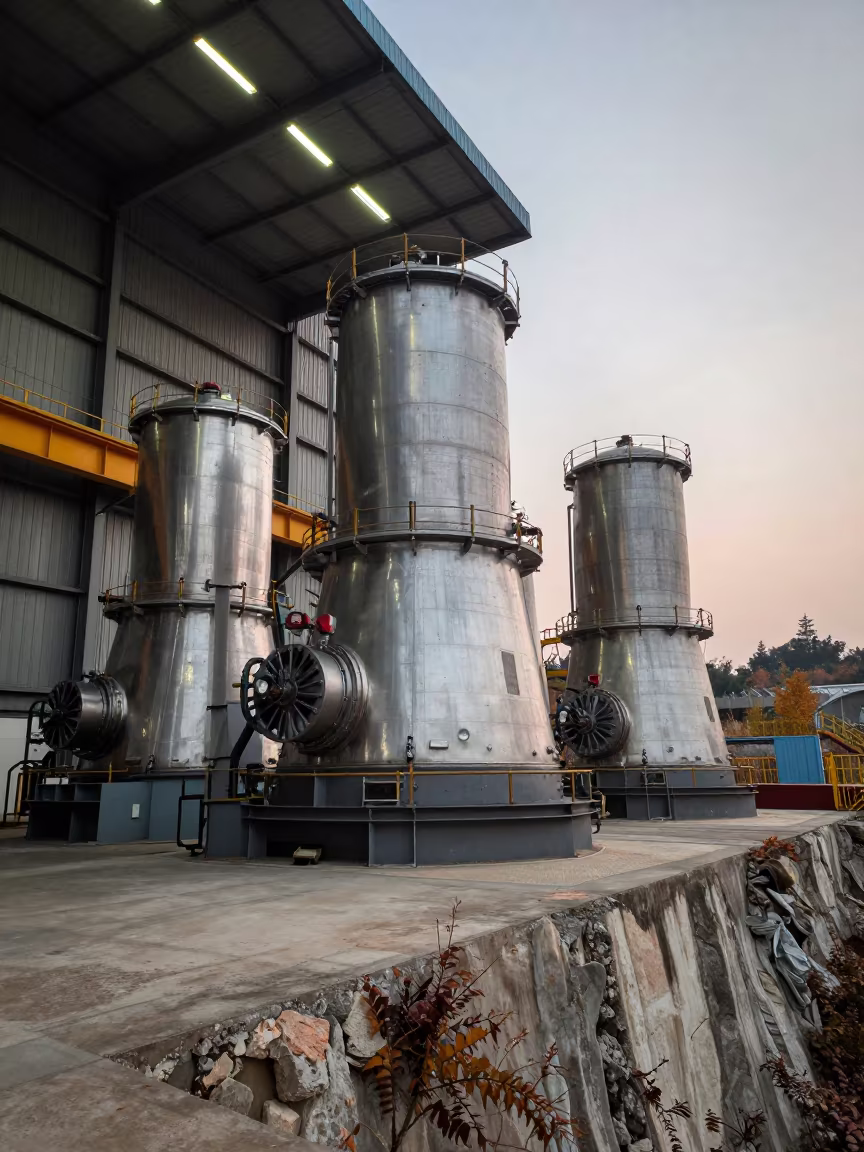 Late Autumn Power Plant Turbine Hall Low Angle in on a quarry ledge near Changsha