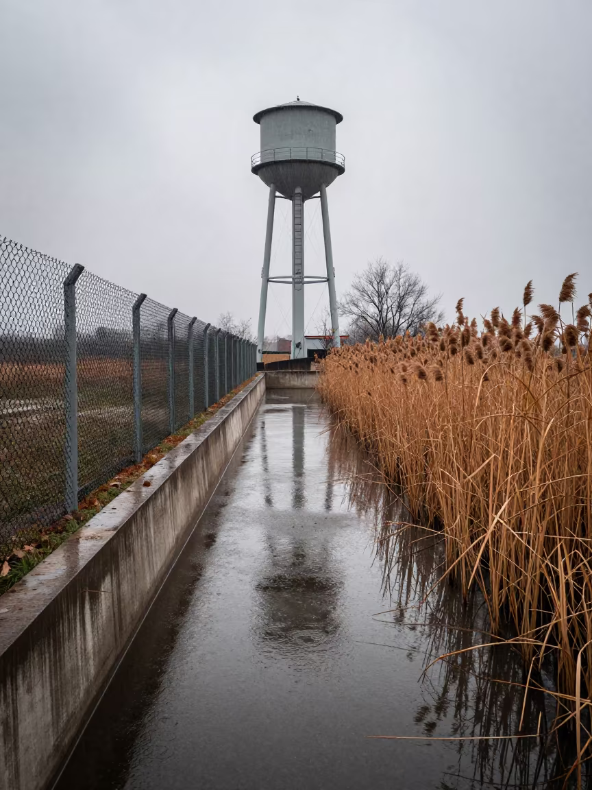 Late Autumn Storm Drain Basin Near Akhisar in beside a water tower ladder near Akhisar