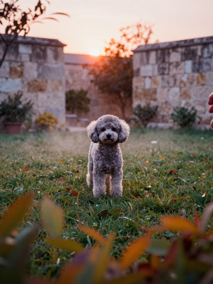 Late Autumn Sunset Portrait of Teacup Poodle in Damascus in in a small yard with clipped grass, calm light, and the animal centered in frame in Damascus