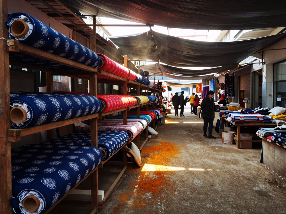 Late Autumn Textile Market Aisle in Suzhou in in a covered bazaar aisle in Suzhou