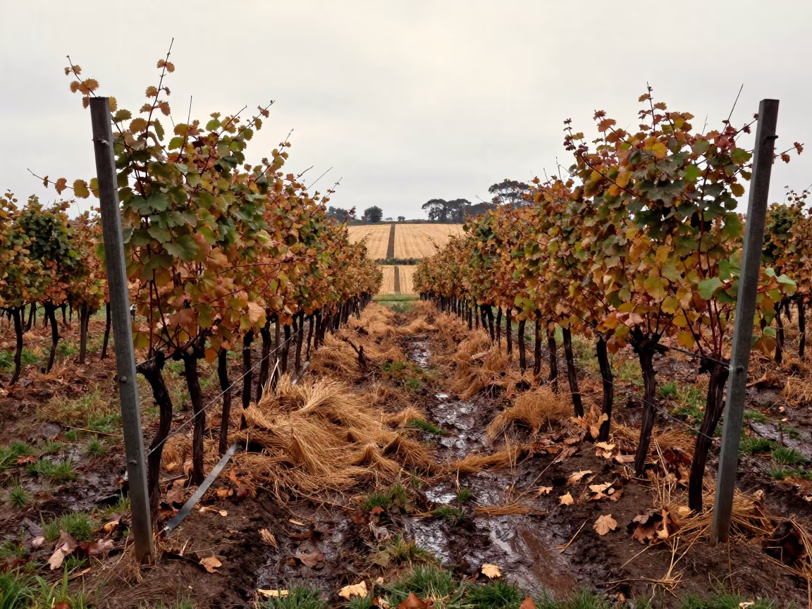 Late Autumn Vineyard After Rain in Sydney in across a harvested grain field in Sydney
