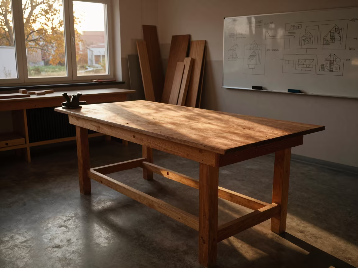 Late Autumn Woodshop Bench Sunset Classroom in in a school laboratory in Mersin