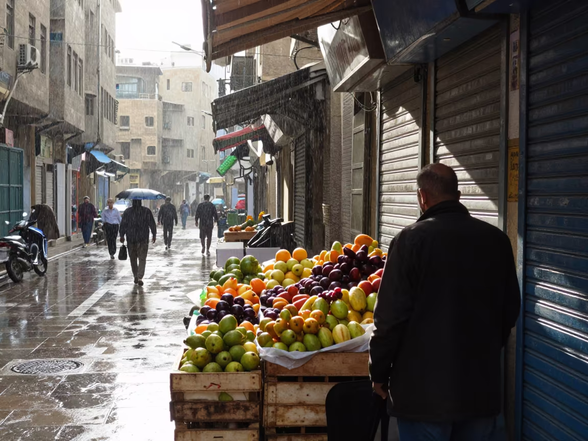 Late Baghdad Fruit Stand Monsoon Light in along a shuttered arcade in Baghdad