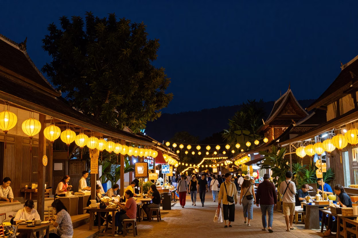 Late Evening at Deep In The Night Light in Luang Prabang in in Luang Prabang, Laos
