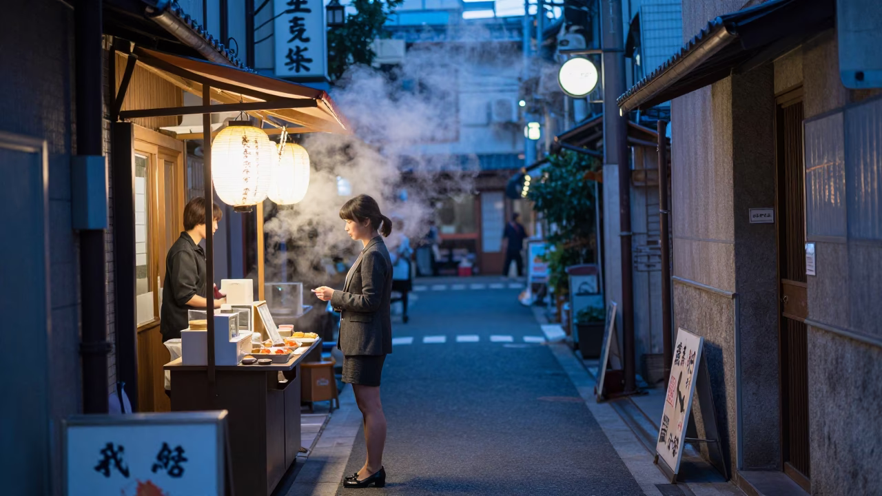 Late Evening Tokyo Street Scene with Steam and Vintage Objects in in Tokyo, Japan