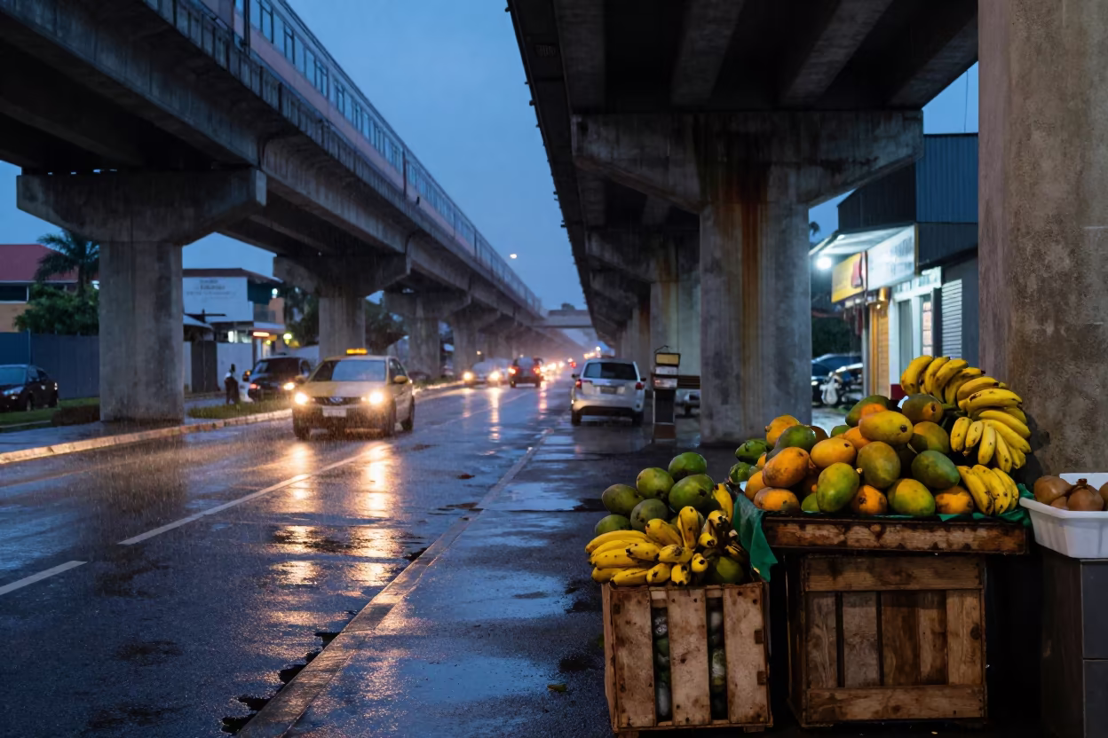 Late Fruit Stand Under Train Lines in Cabinda Rain in under an elevated train line in Cabinda