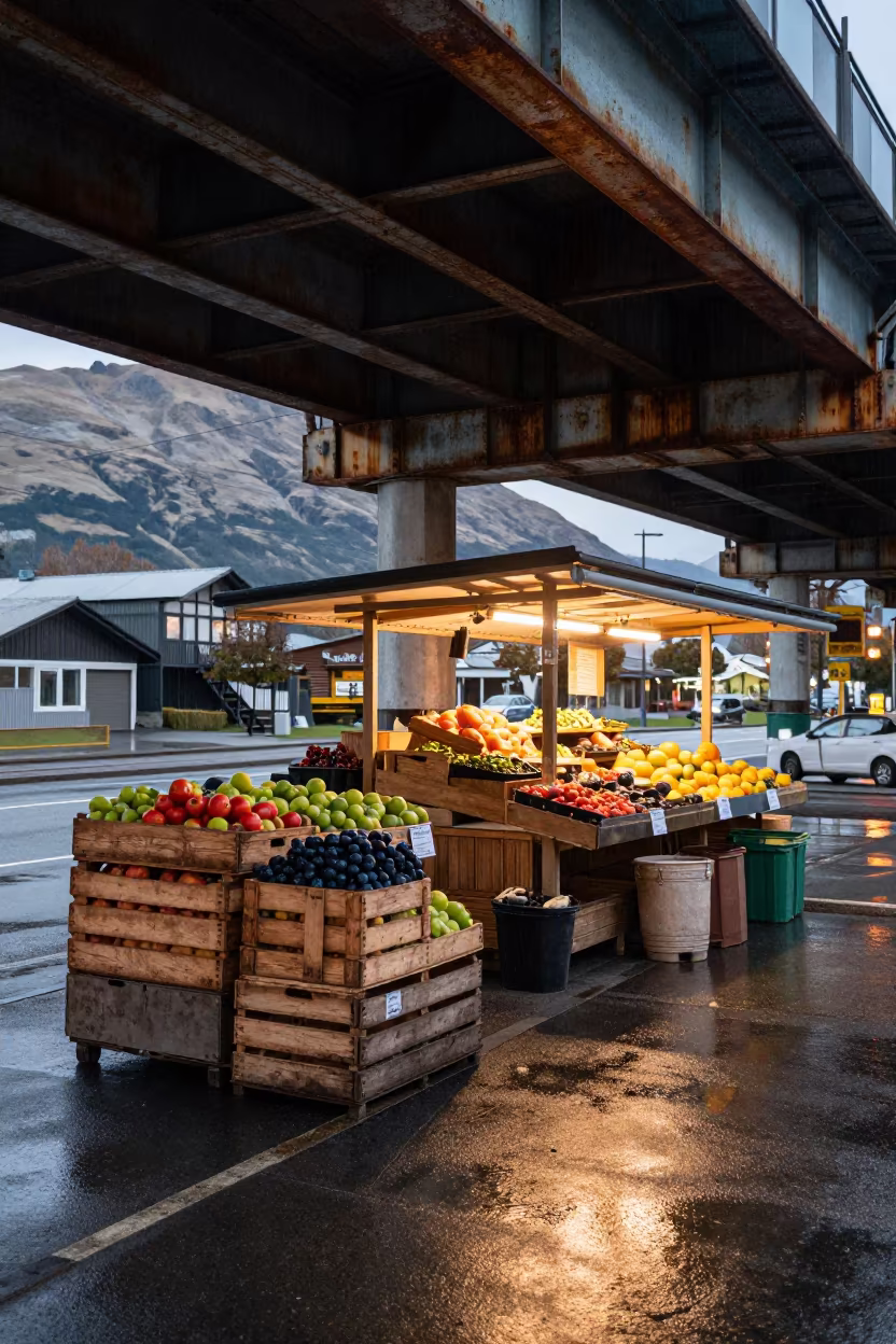 Late Fruit Stand Under Elevated Train Tracks in under an elevated train line in Queenstown