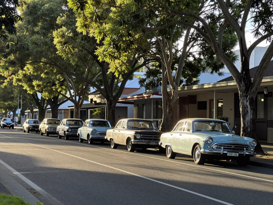 Late Morning Adelaide Street Scene with Vintage Cars and Lichen Covered Trees in in Adelaide, South Australia, Australia