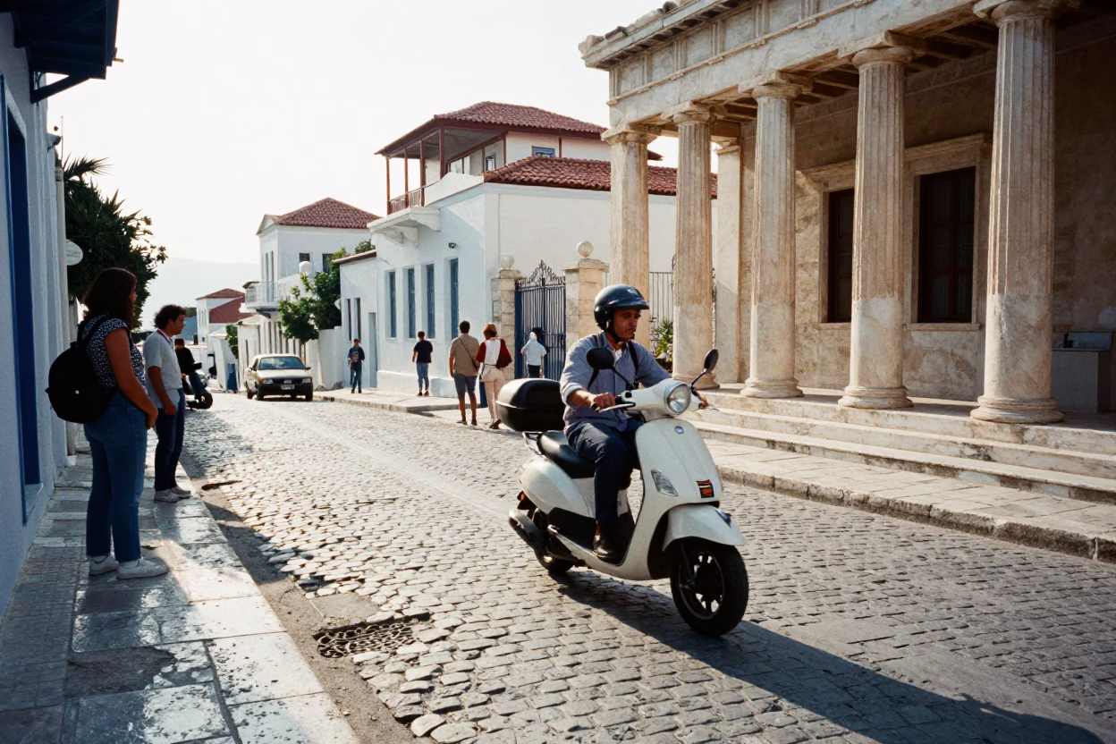 Late Morning Athens Street Scene with Scooter and Traditional Architecture in in Athens, Greece