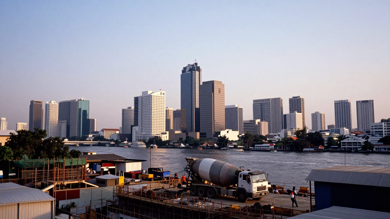 Late Morning Bangkok Skyline Horizon Shot with Construction Activity and Urban Infrastructure in in Bangkok, Thailand