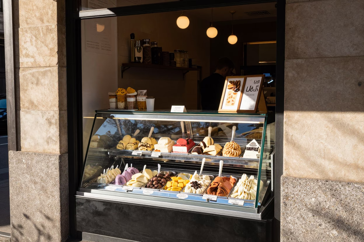 Late Morning Barcelona Street Cafe Gelato Display and Fresh Croissants with Butter in in Barcelona, Spain