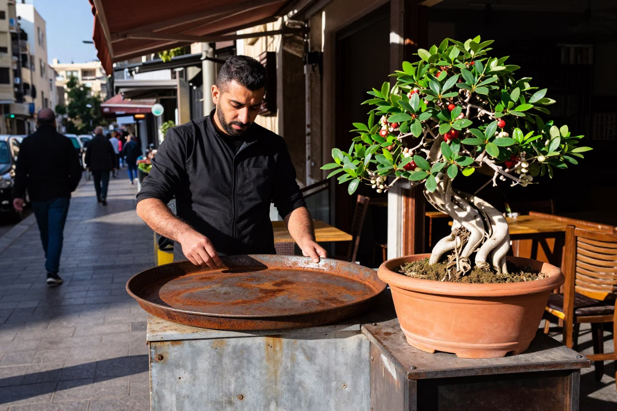 Late Morning Beirut Street Scene with Rusty Tray and Jade Plant Bonsai in in Beirut, Lebanon