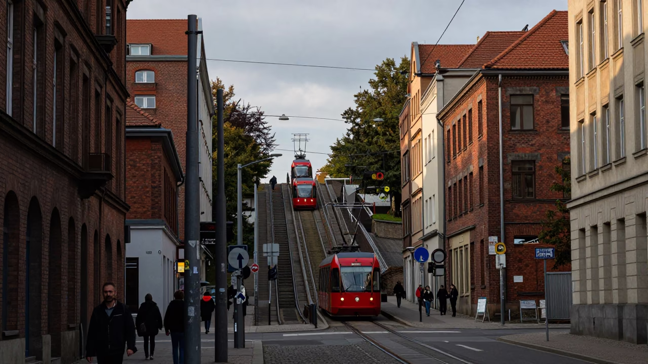 Late Morning Berlin Street Scene with Funicular Climbing Steep Hill in Background in in Berlin, Germany