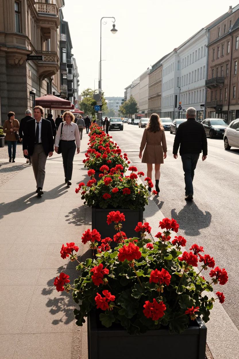 Late Morning Berlin Street Scene with Geraniums and Urban Architecture in in Berlin, Germany