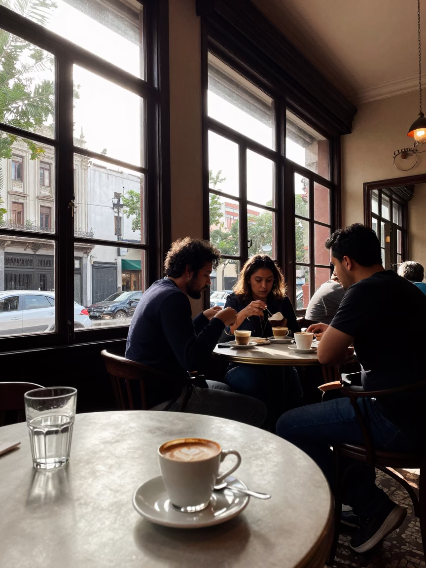 Late Morning Buenos Aires Cafe Scene with Glass Tumblers and Linen Runners in in Buenos Aires, Argentina