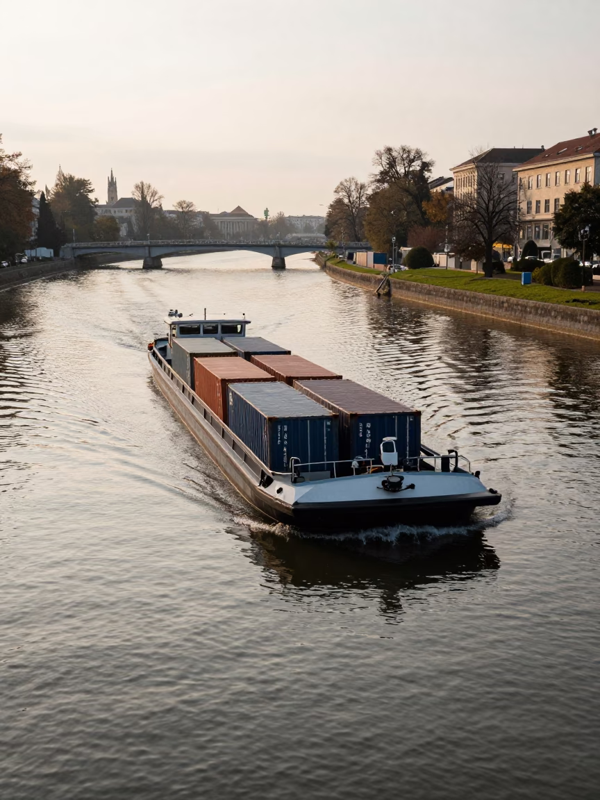 Late Morning Canal Barge Navigation Through Historic Vienna Austria Waterway in in Vienna, Austria