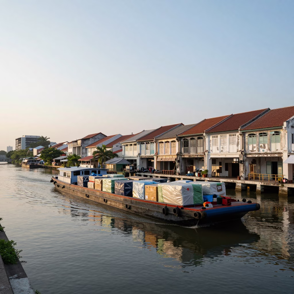 Late Morning Canal Barge Transporting Cargo Through Historic George Town Malaysia Waterways in in George Town, Malaysia