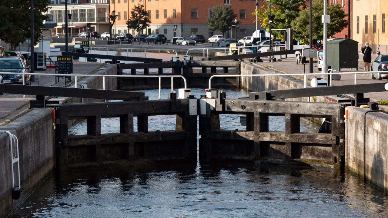 Late Morning Canal Lock Scene in Stockholm Sweden with Wooden Gates in in Stockholm, Sweden