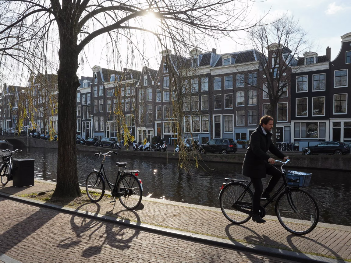 Late Morning Canal Scene in Amsterdam Netherlands with Bicycle and Traditional Brick Architecture in in Amsterdam, Netherlands
