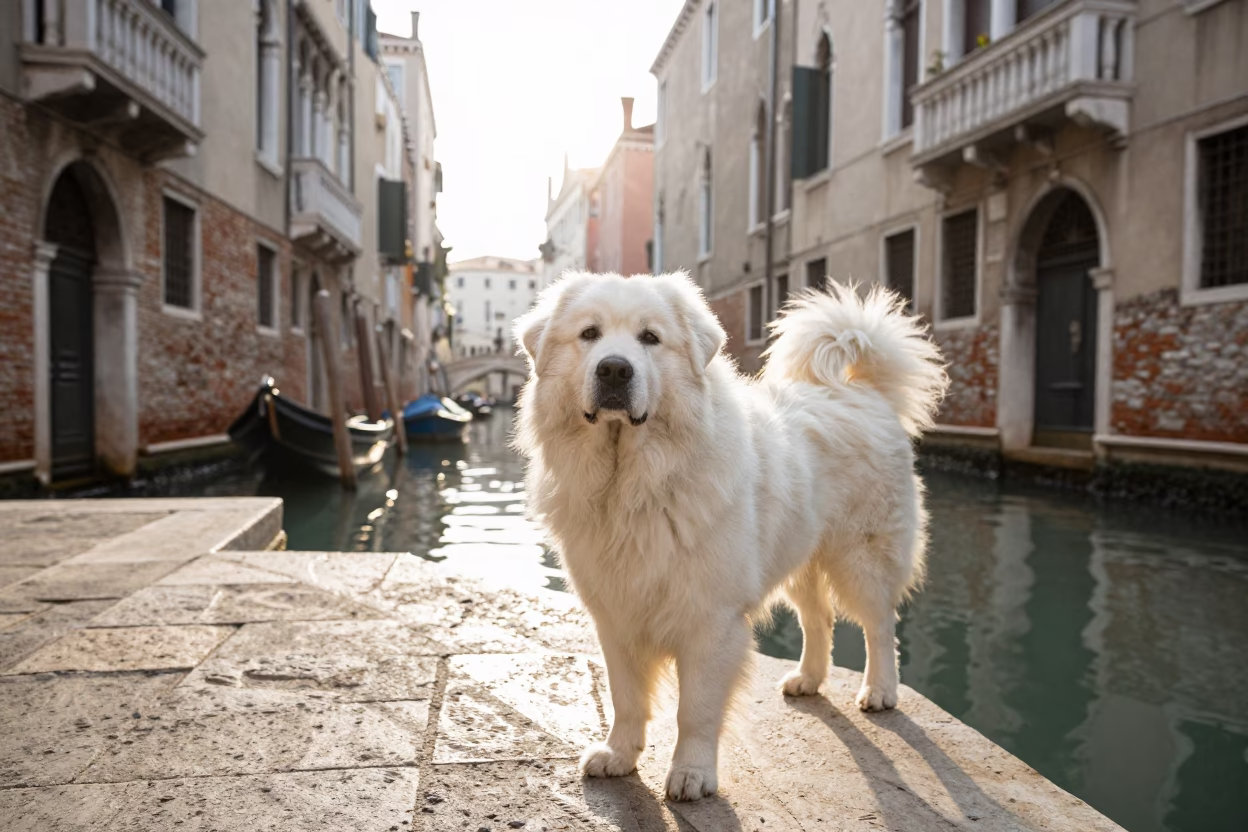 Late Morning Canal Scene in Venice Italy with Dog and Traditional Gondola in in Venice, Italy