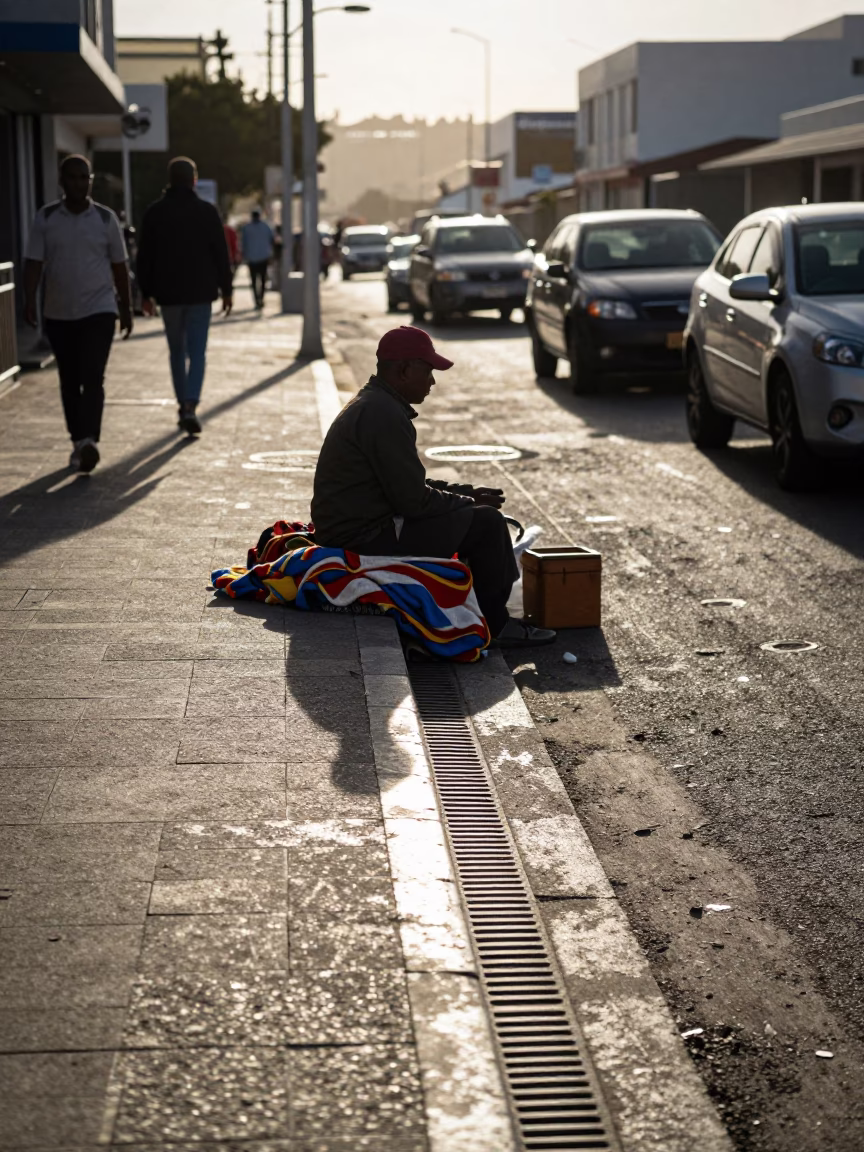 Late Morning Cape Town Street Scene with Blankets and Brushed Steel Drain in in Cape Town, South Africa