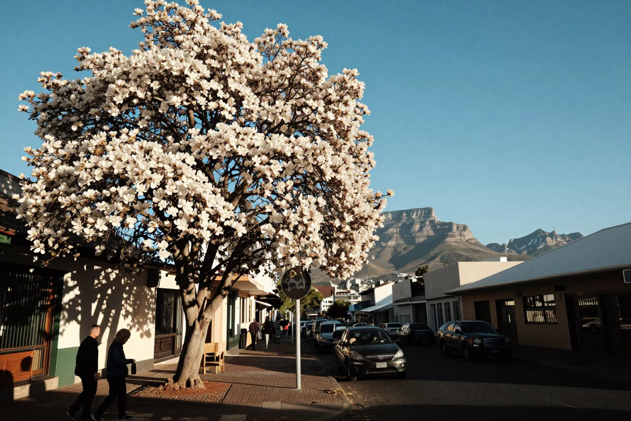 Late Morning Cape Town Street Scene with Magnolia Bloom and Observatory Dome in in Cape Town, South Africa