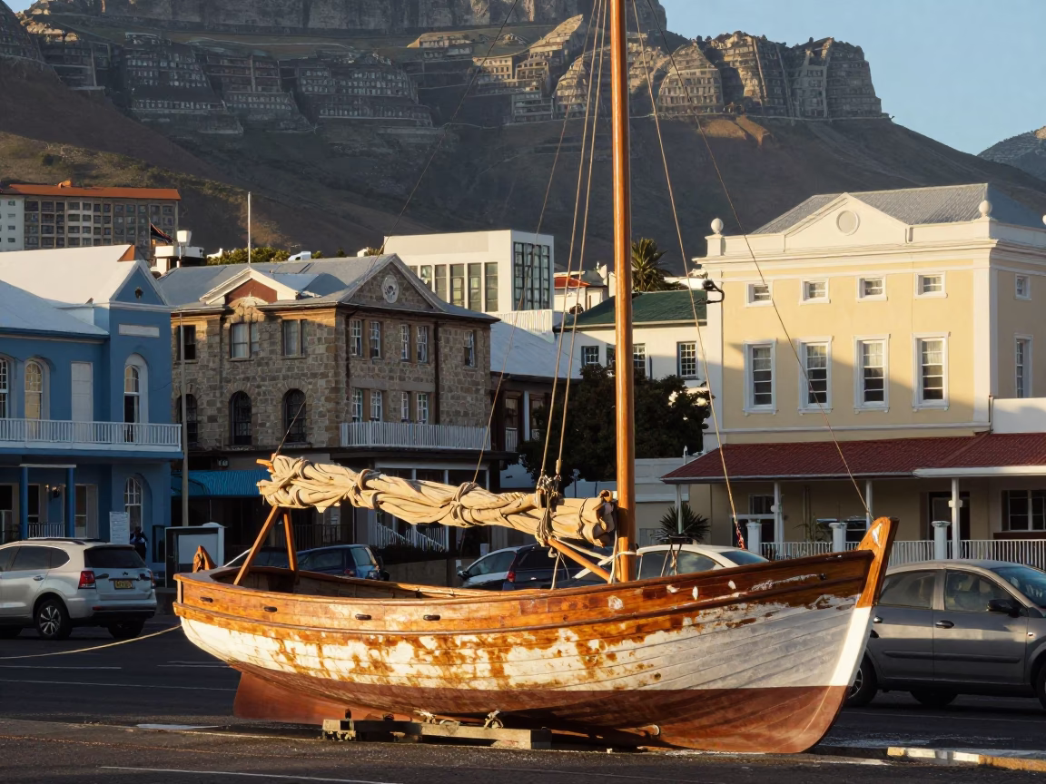 Late Morning Cape Town Street Scene with Wooden Sailboat and Local Life in in Cape Town, South Africa