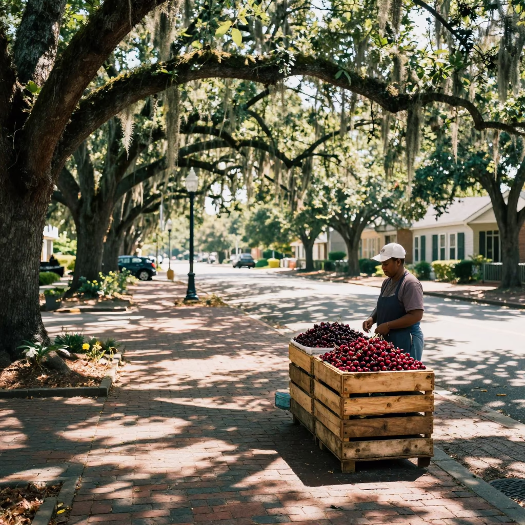 Late Morning Charleston Street Scene with Cherries and Dandelion in in Charleston, South Carolina, United States