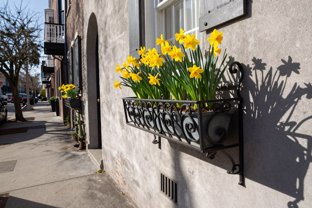 Late Morning Charleston Street Scene with Daffodils and Historic Brick Architecture in in Charleston, South Carolina, United States