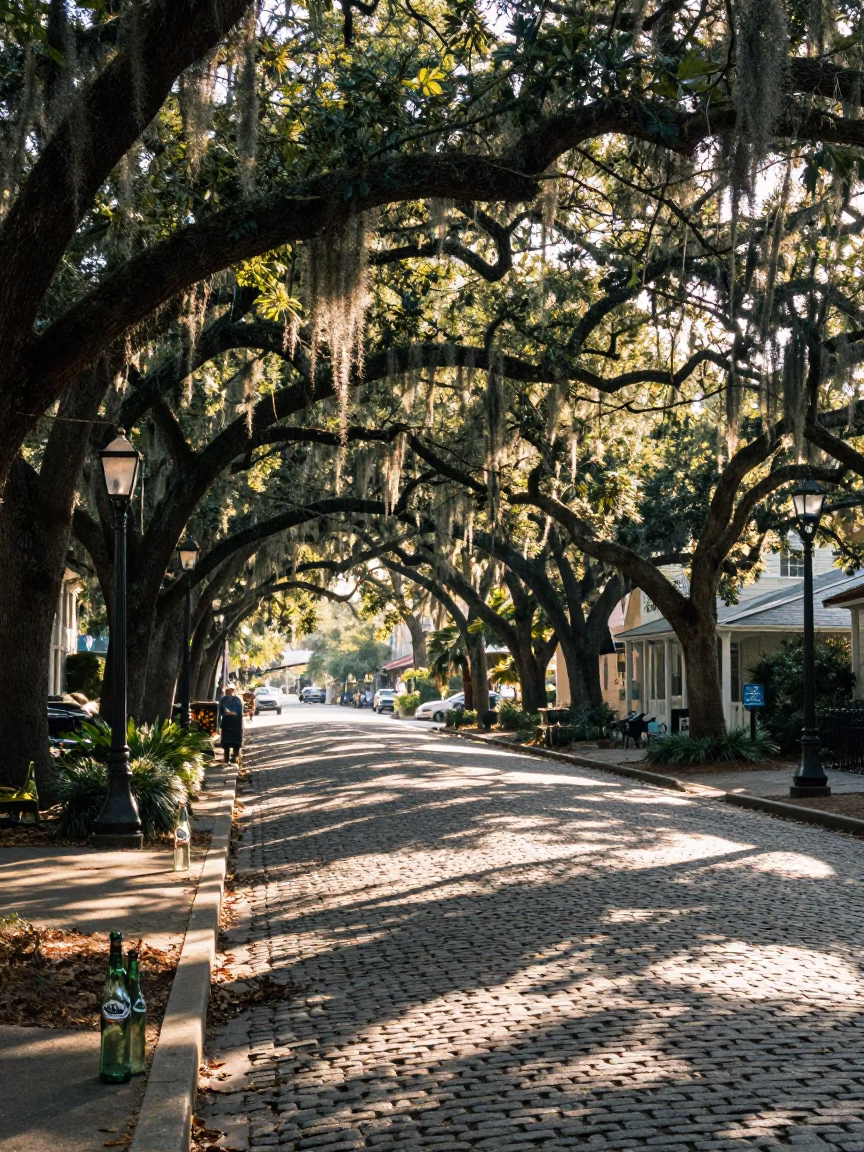 Late Morning Charleston Street Scene with Glass Bottles and Linen Details in in Charleston, South Carolina, United States