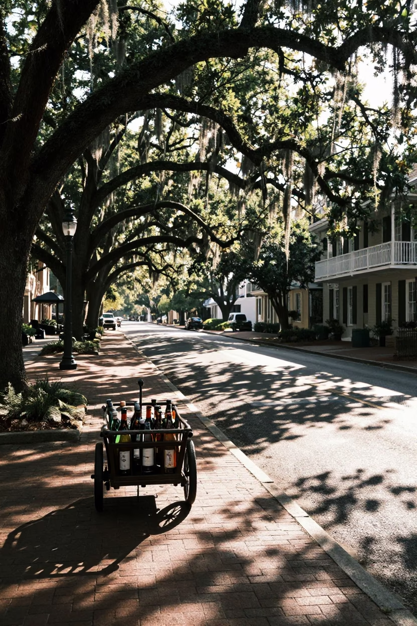 Late Morning Charleston Street Scene with Vintage Bottle Caddy and Local Details in in Charleston, South Carolina, United States