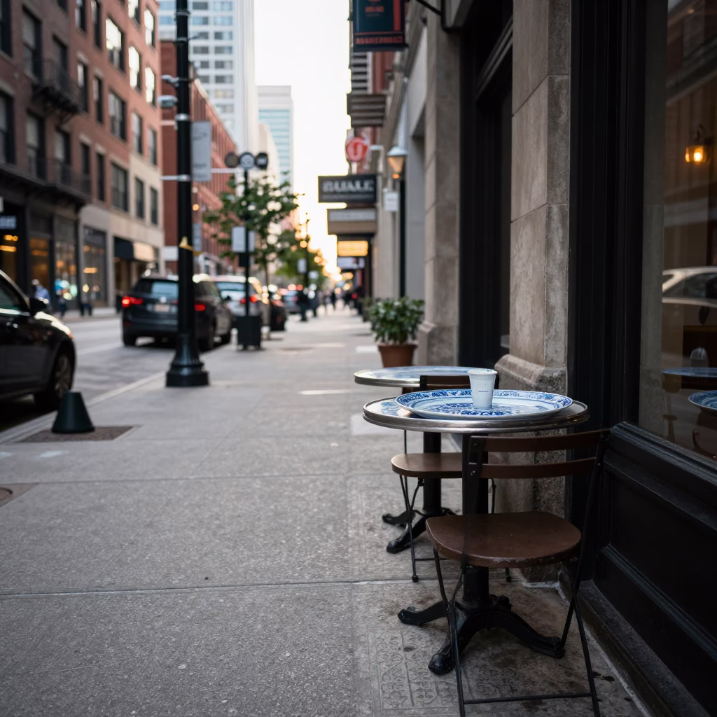 Late Morning Chicago Street Scene with Blue Porcelain Plate on Table in in Chicago, Illinois, United States