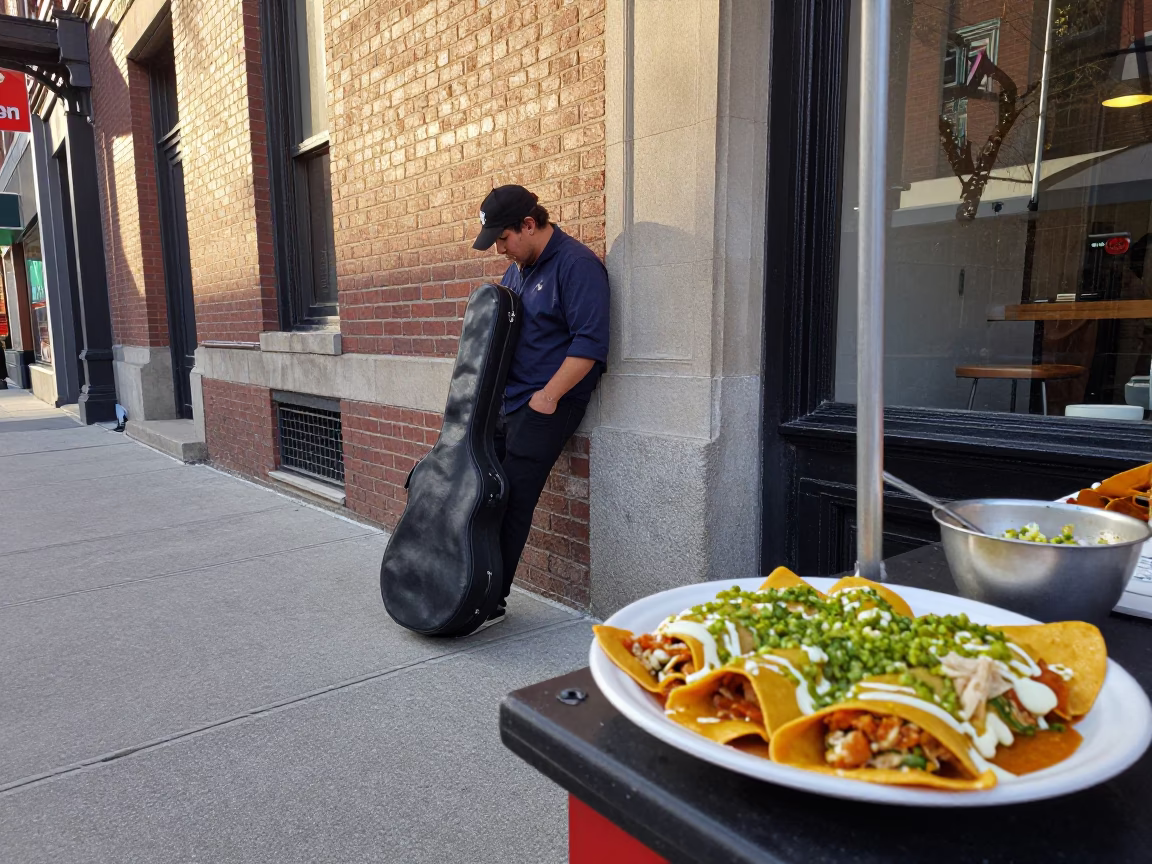 Late Morning Chicago Street Scene with Guitar Case and Food Vendors in in Chicago, Illinois, United States
