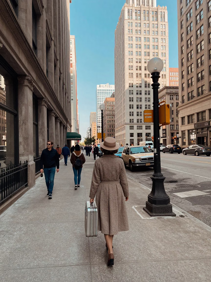 Late Morning Chicago Street Scene with Vintage 1950s Aesthetic and Urban Details in in Chicago, Illinois, United States