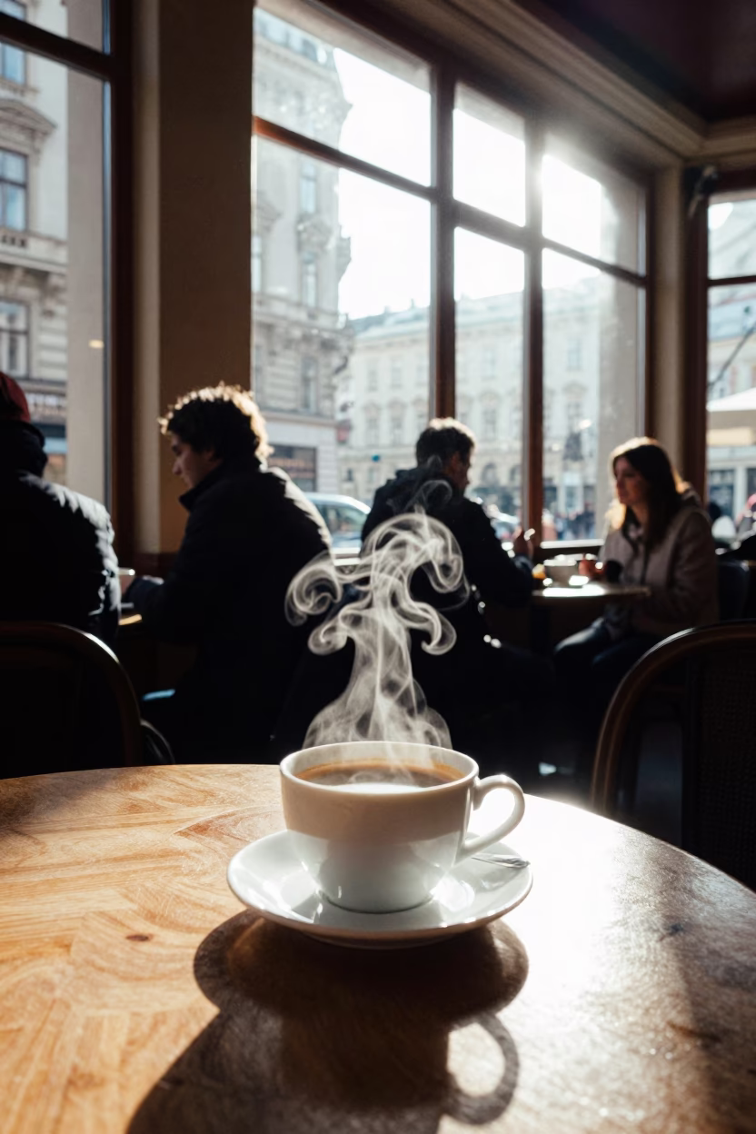 Late Morning Coffee Break at Vienna Kaffeehaus with Steam and Tea Stains in in Vienna, Austria