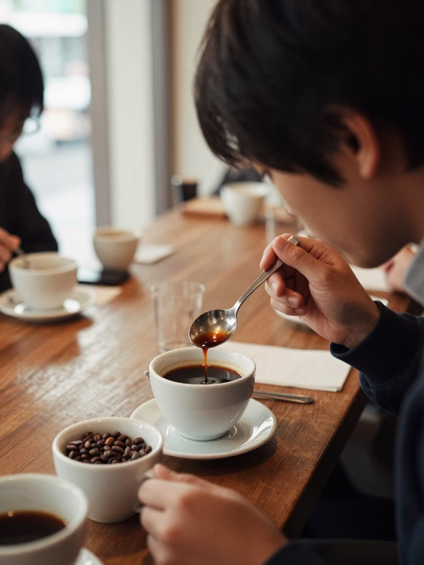 Late Morning Coffee Cupper Tasting Arabica Beans in Traditional Tokyo Cafe in in Tokyo, Japan