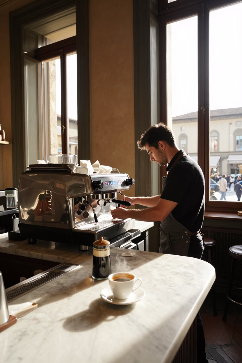 Late Morning Coffee Ritual at a Traditional Florentine Bar with Glass Tumblers and Apples in in Florence, Italy