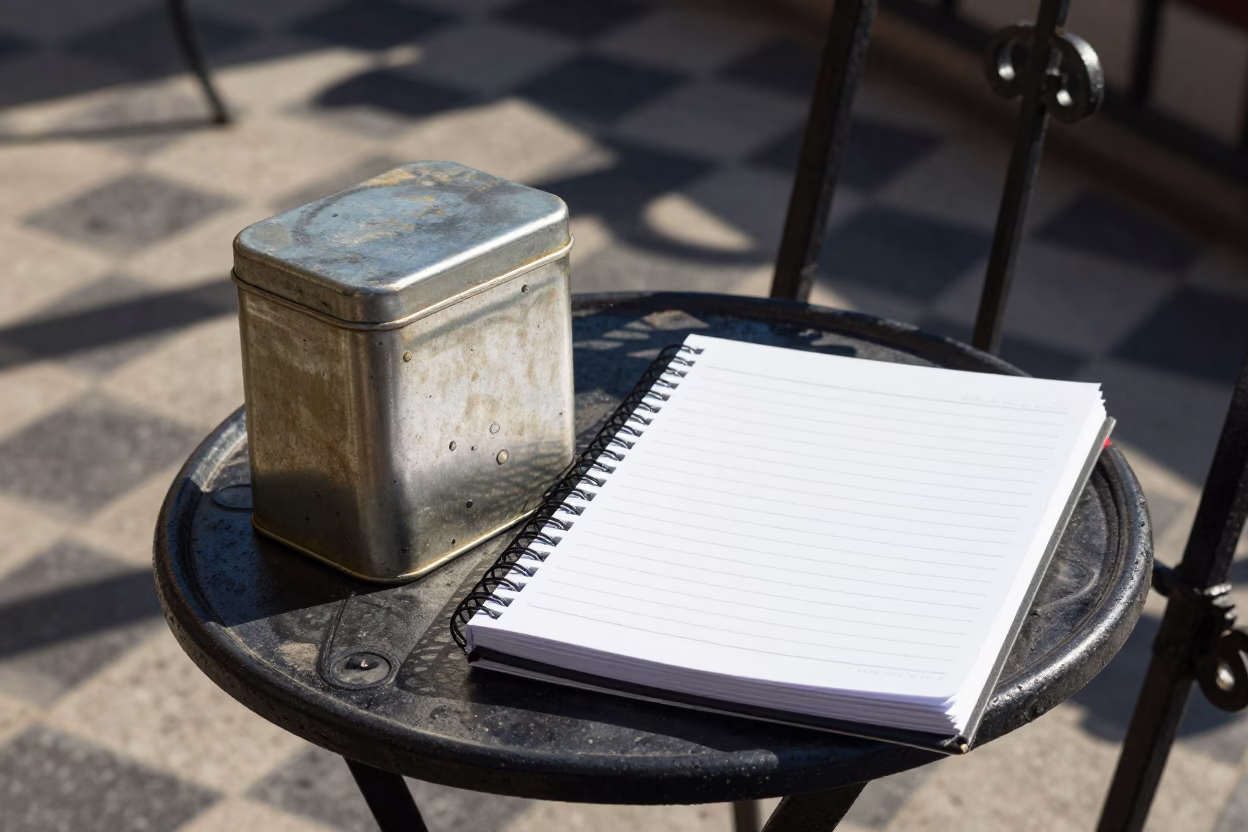 Late Morning Coffee Tin and Notebook on Belgian Cafe Table in Brussels in in Brussels, Belgium