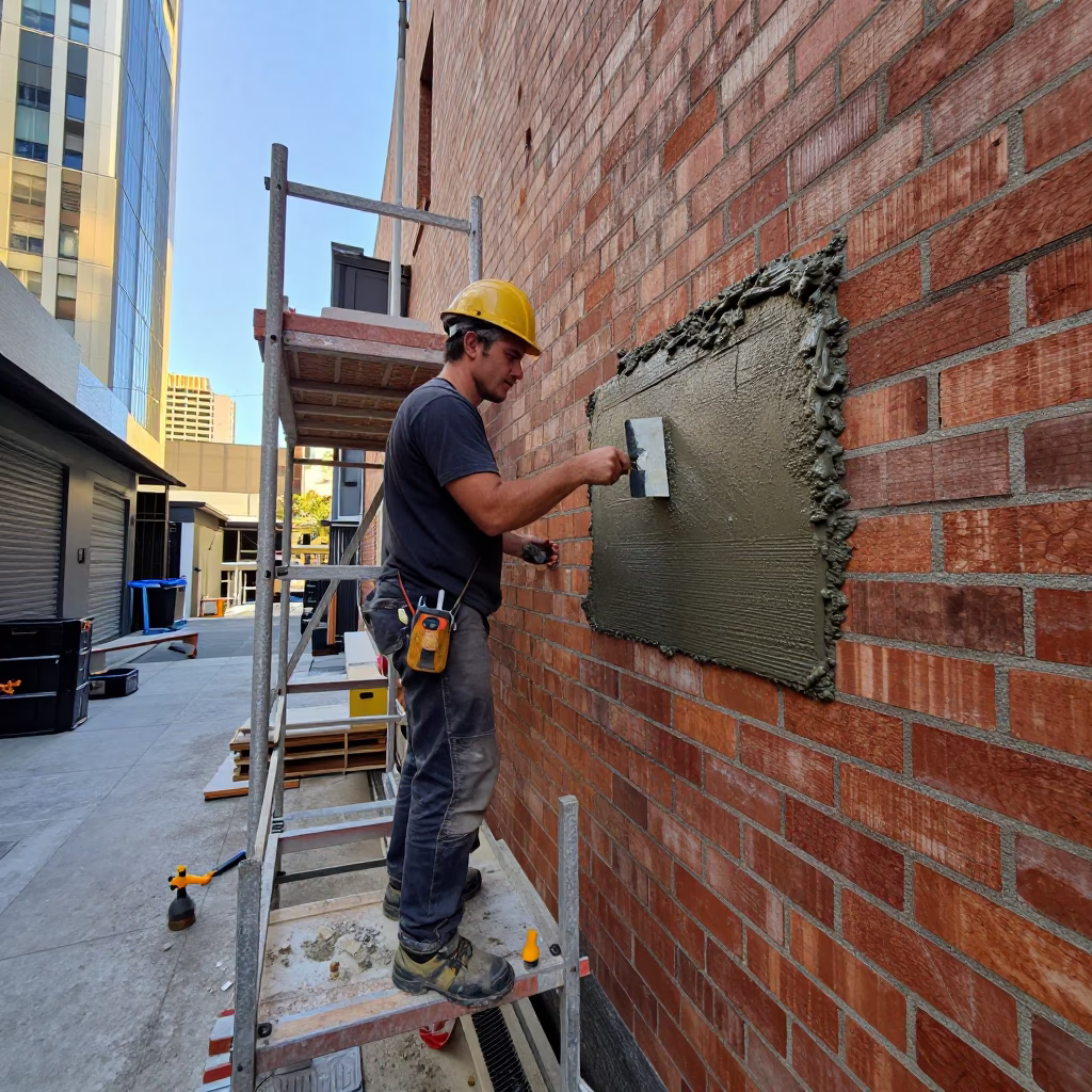 Late Morning Construction Scene in Melbourne Victoria with Mason Tools and Scaffold in in Melbourne, Victoria, Australia