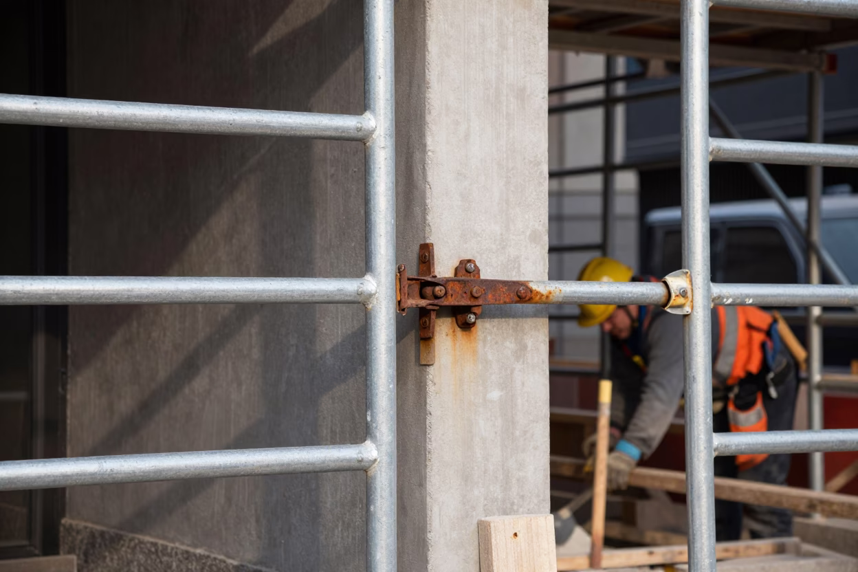 Late Morning Construction Site Detail in Chicago Illinois with Rusty Hinge and Mason Tools in in Chicago, Illinois, United States