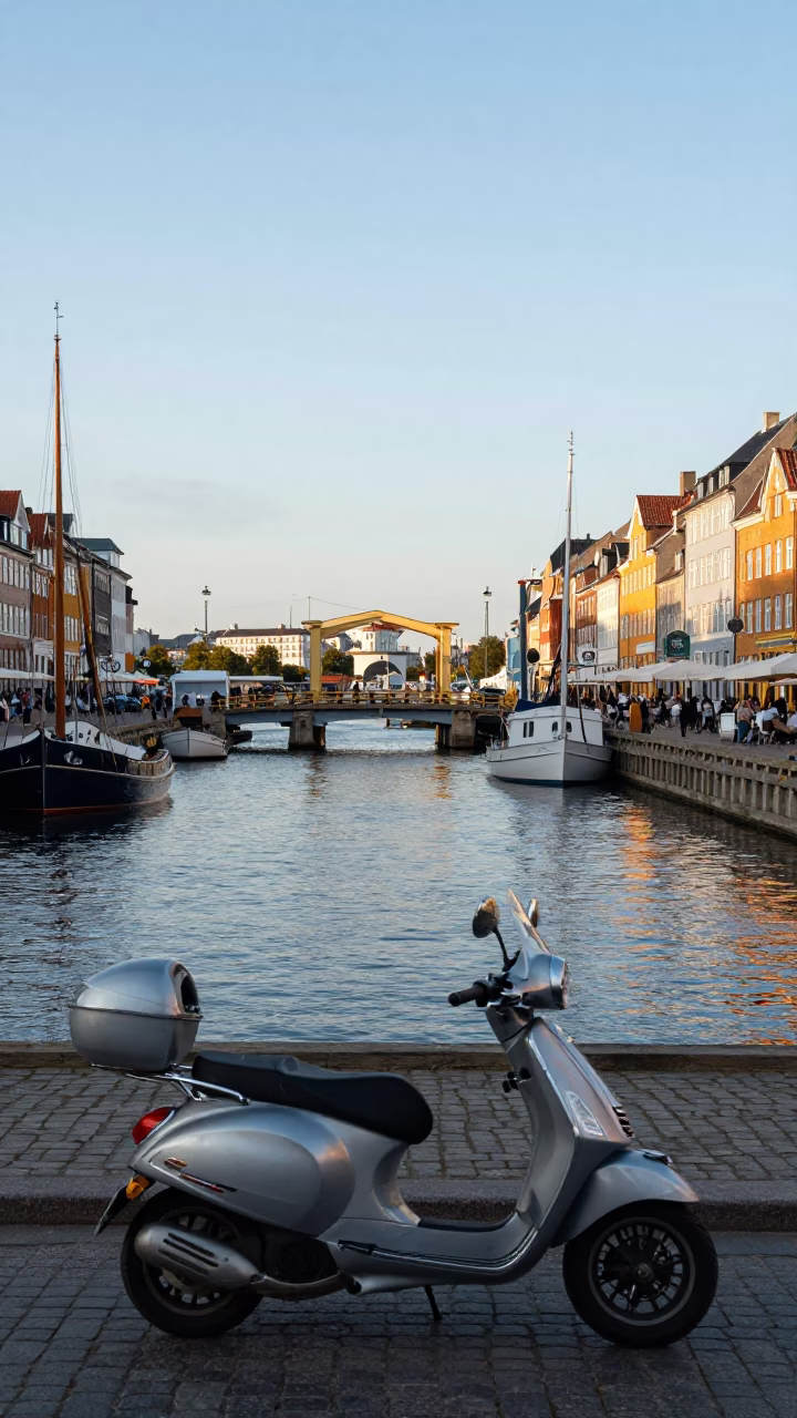 Late Morning Copenhagen Harbor Scene with Scooter and Drawbridge Deck Markings in in Copenhagen, Denmark